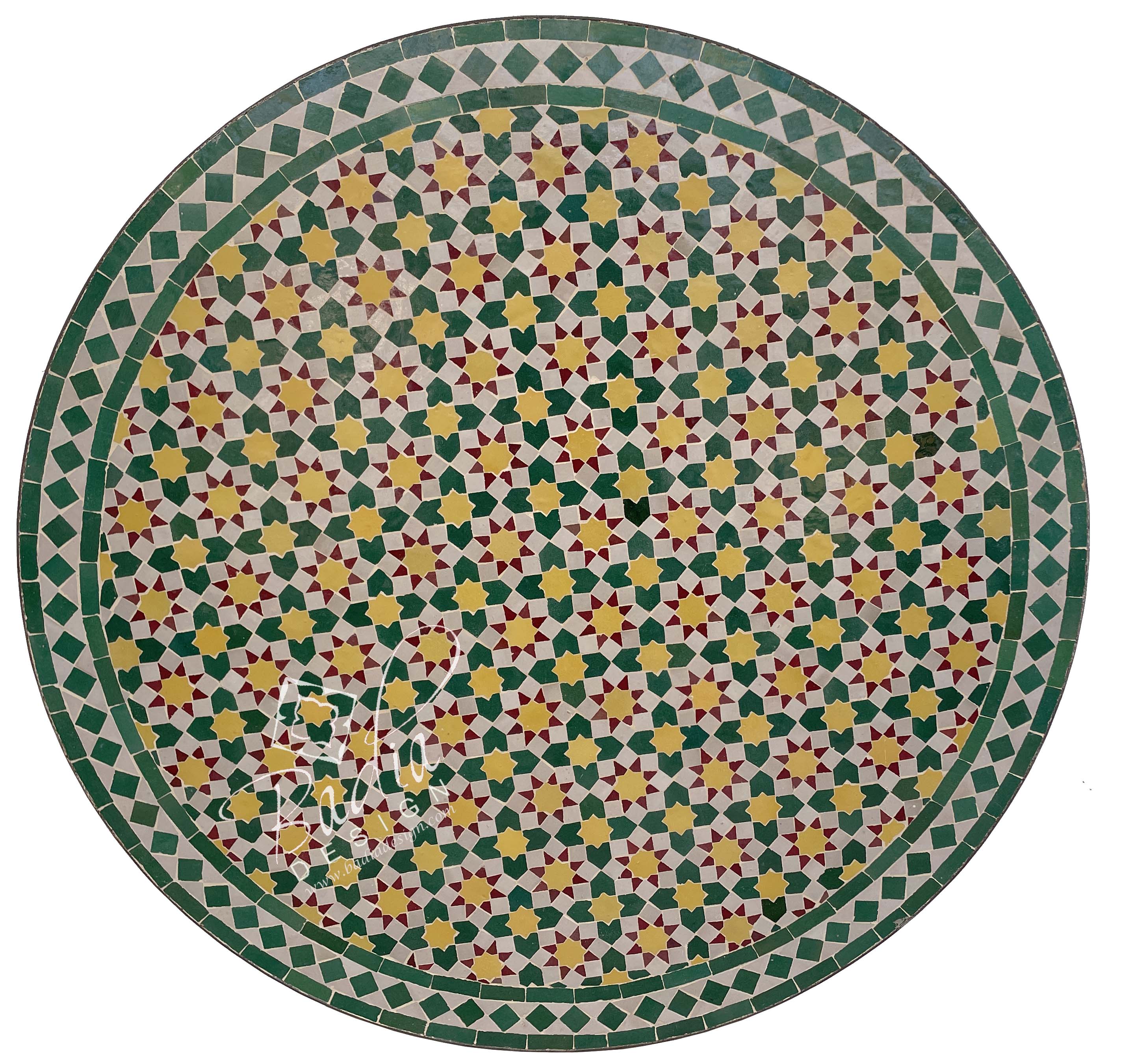 Round Moroccan Green and Yellow Mosaic Tile Table Top