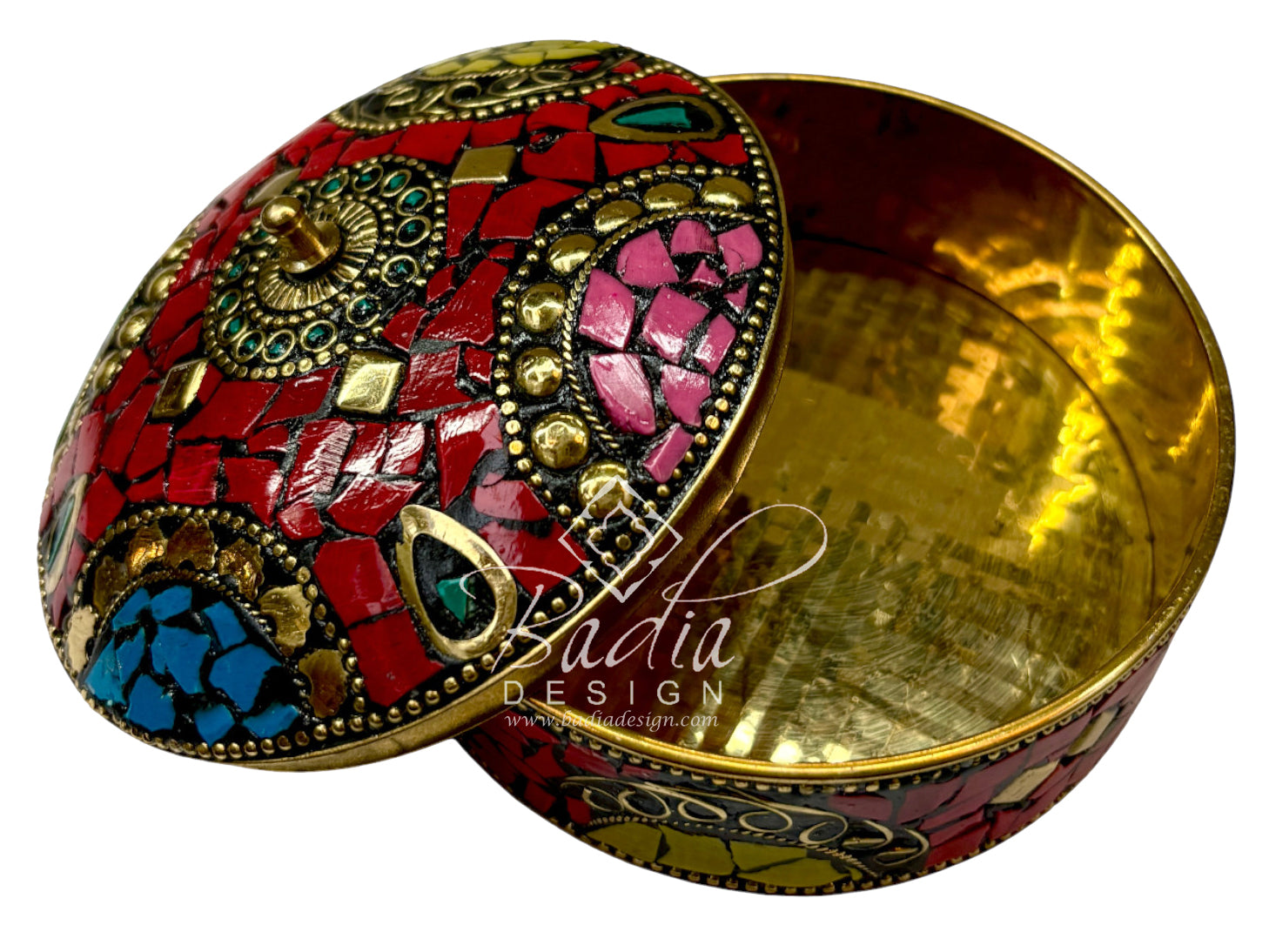 Decorative box with mosaic design and gold accents with open lid