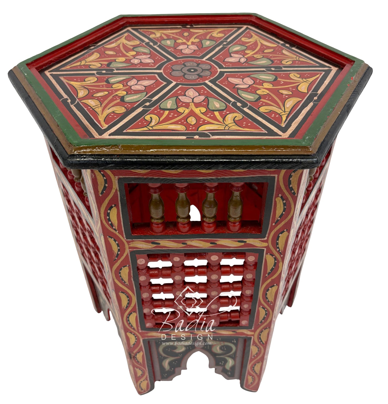 Hand Painted Moroccan Multi-Color Side Tables with Moucharabieh Wood Design