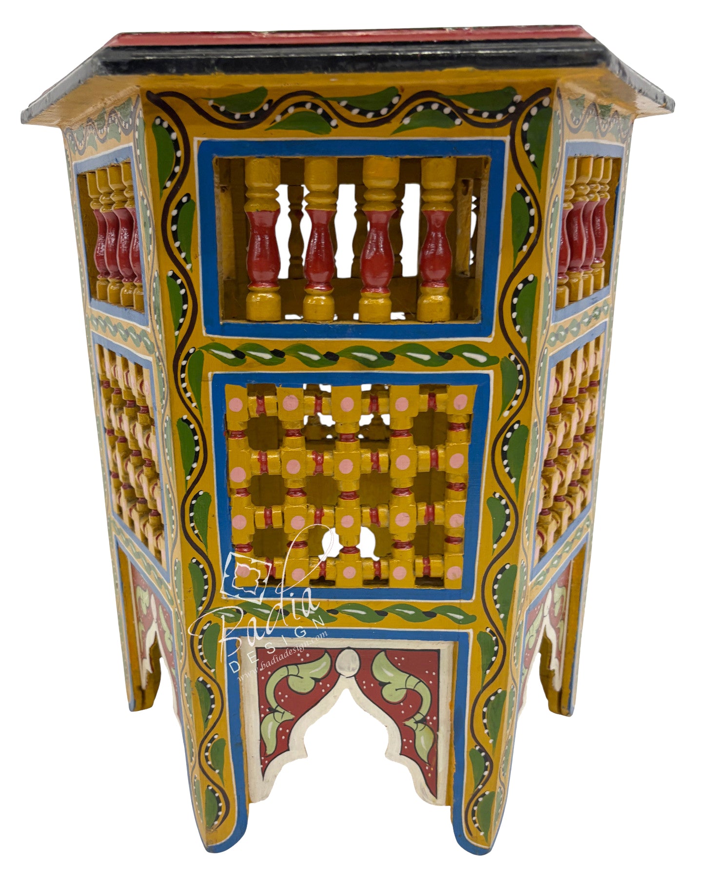 Decorative wooden side table with colorful patterns on a white background
