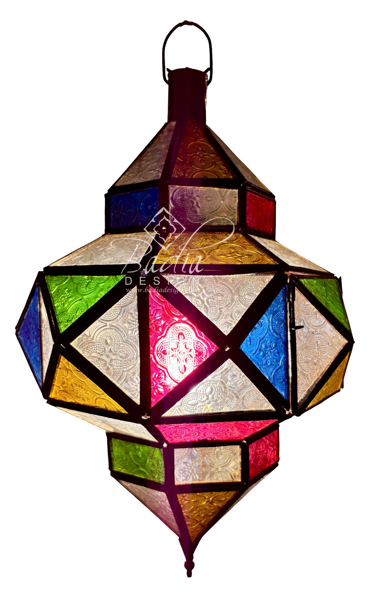 A hanging multicolor stained-glass lantern with geometric facets in blue, green, yellow, pink, and white, framed by dark metal bars, shown against a plain white background.