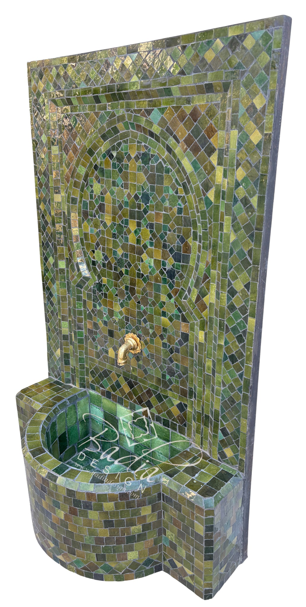 Side View of a Moroccan Multi-Shade Green Mosaic Fountain