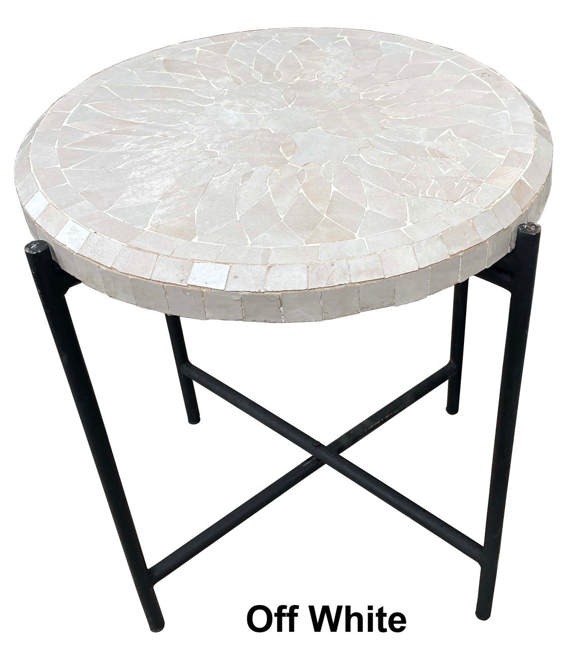 White Round side table with mosaic top and black metal legs on a white background