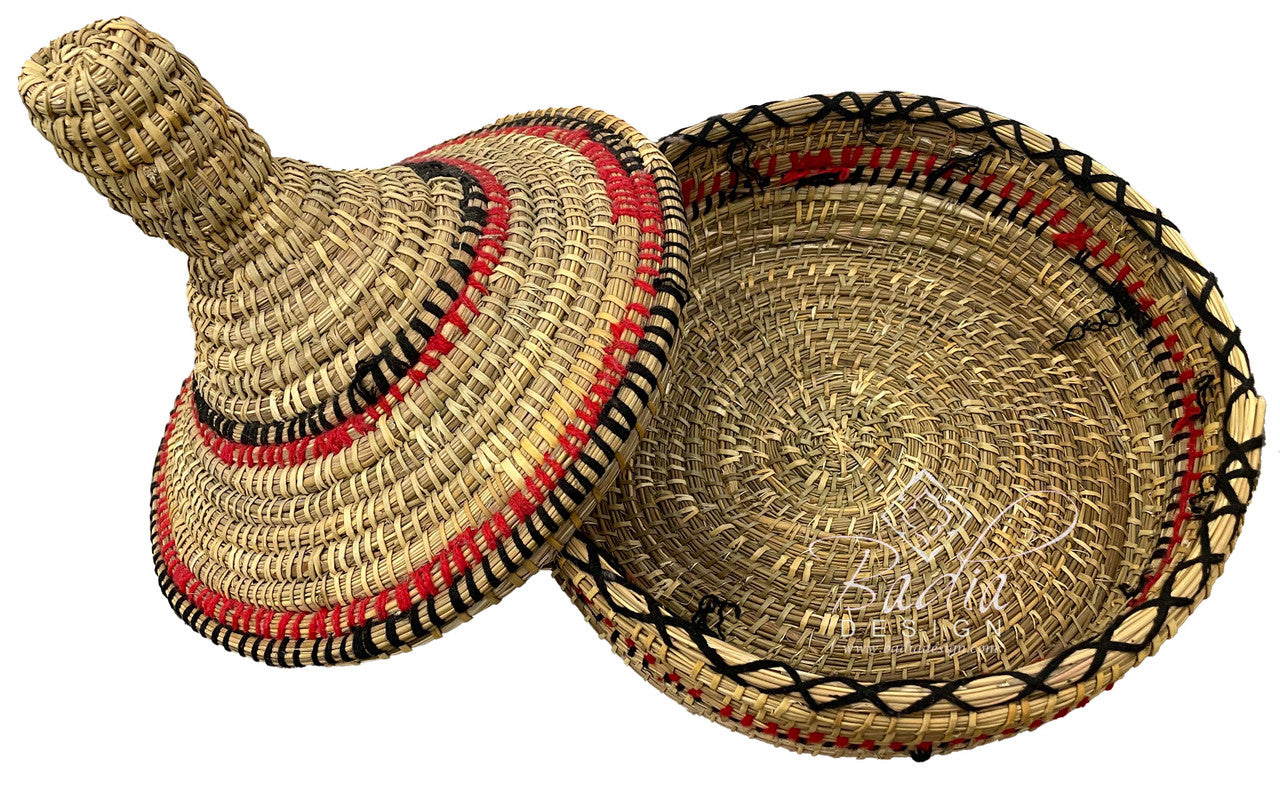 Moroccan Woven basket with a cone-shaped lid with lid open