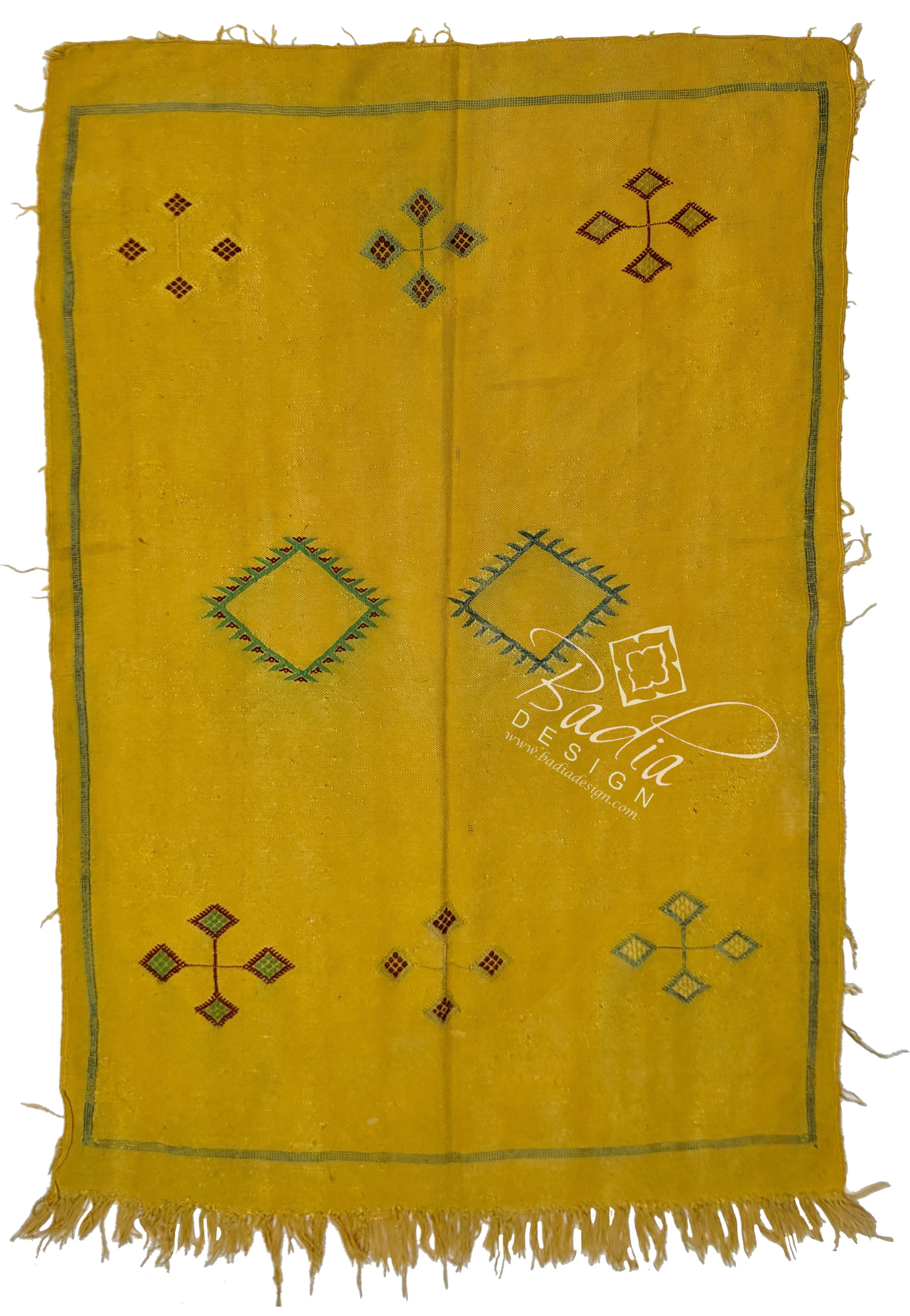 Yellow Tribal Rug with Embroidered Geometric Designs