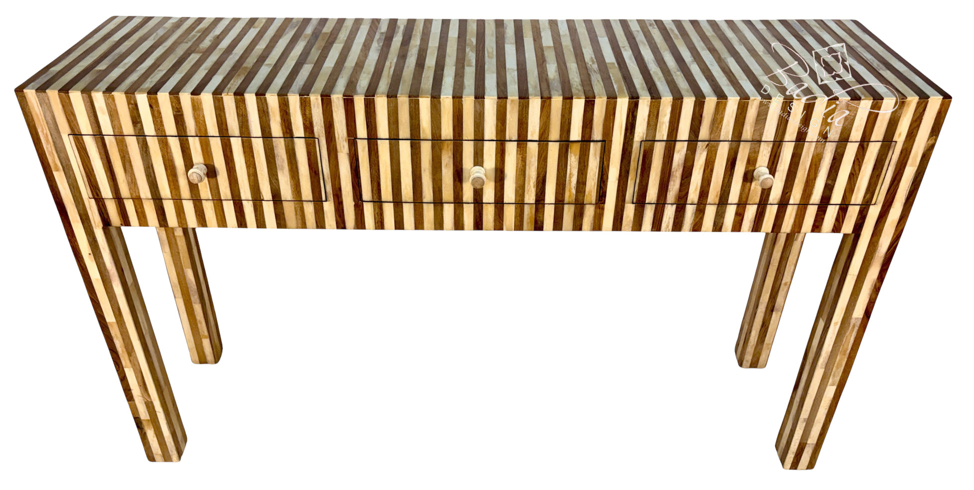 A console table with a striped inlay design in shades of brown and beige, featuring three drawers with round knobs and four tapered legs, shown against a plain white background.