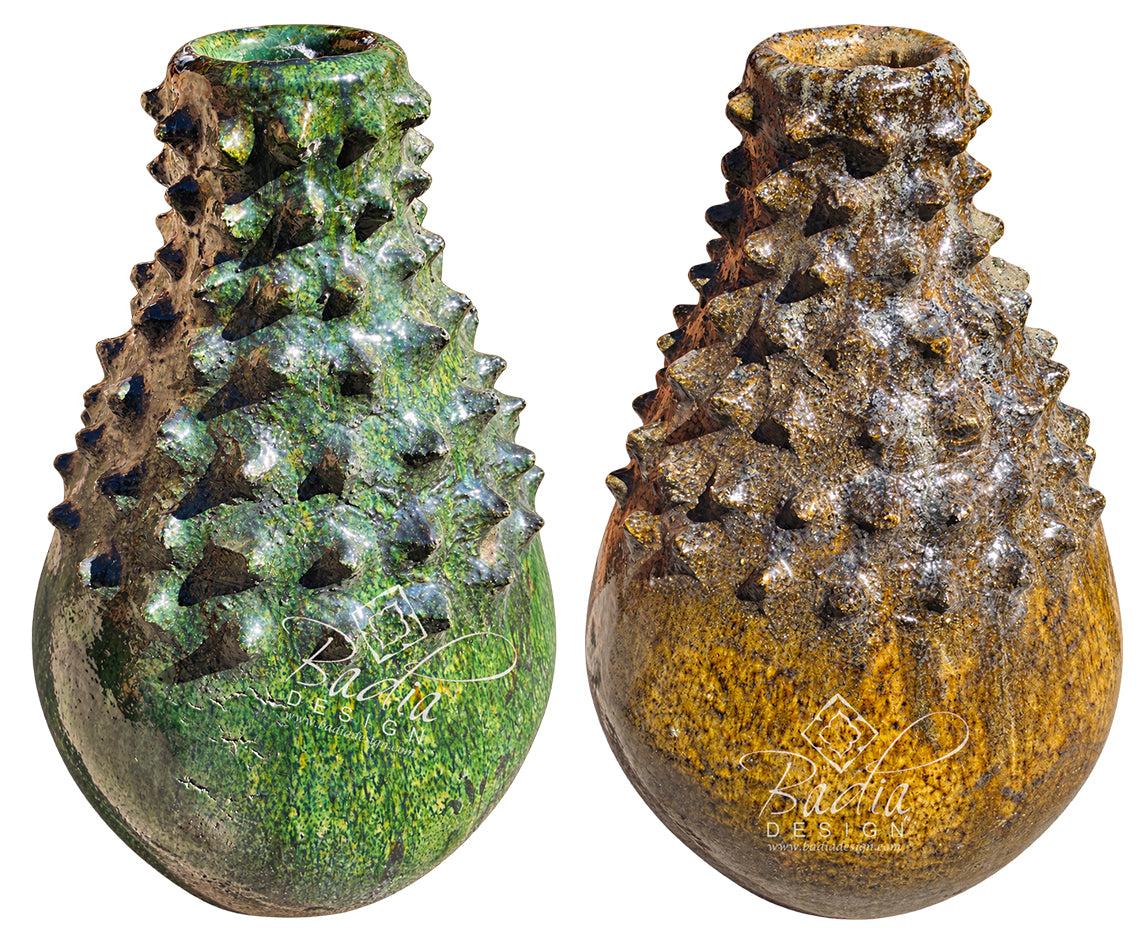 Moroccan Green and Mustard Glazed Tamegroute Spiked Vase
