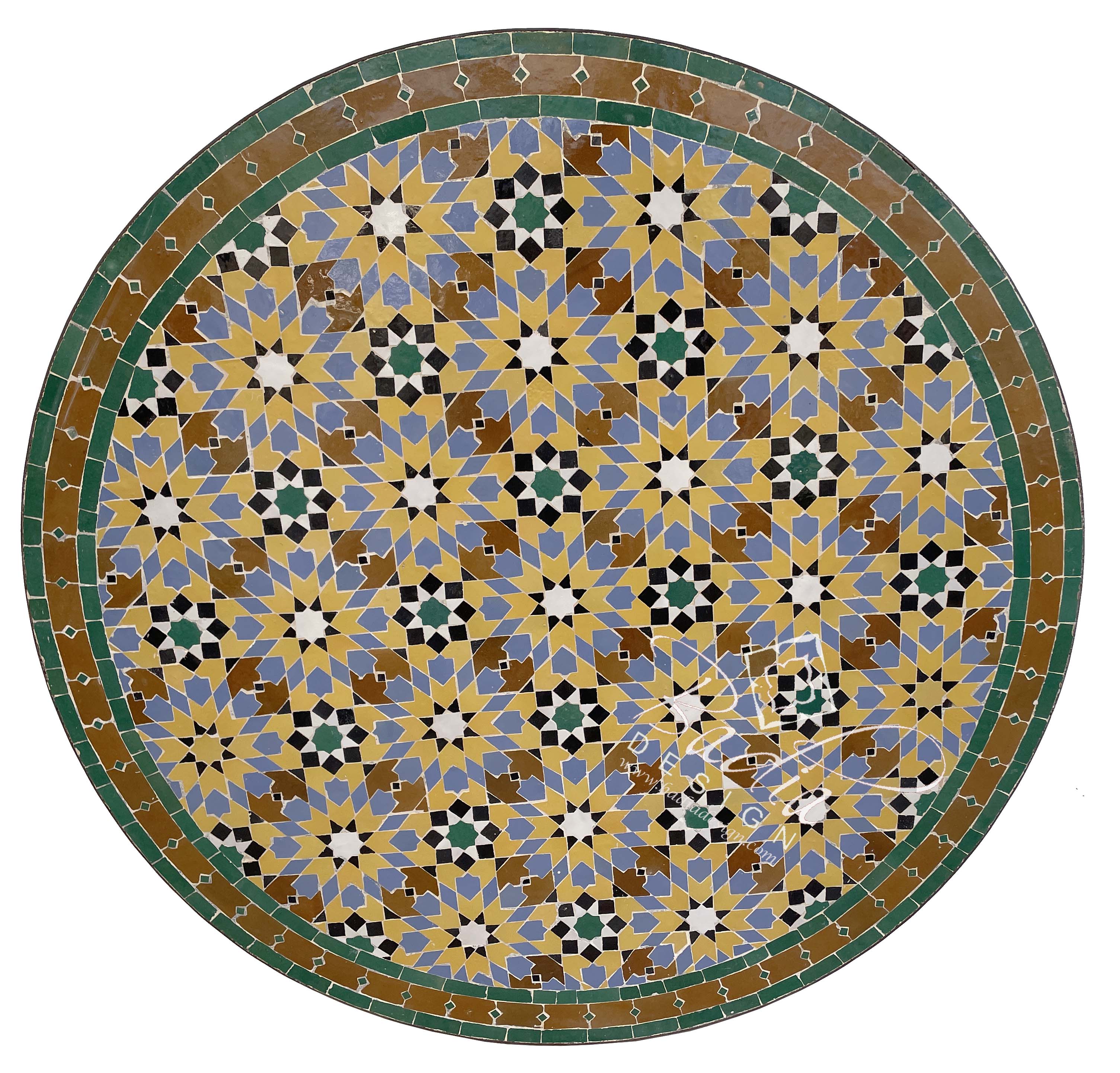 Round Moroccan Green and Beige Mosaic Tile Table Top
