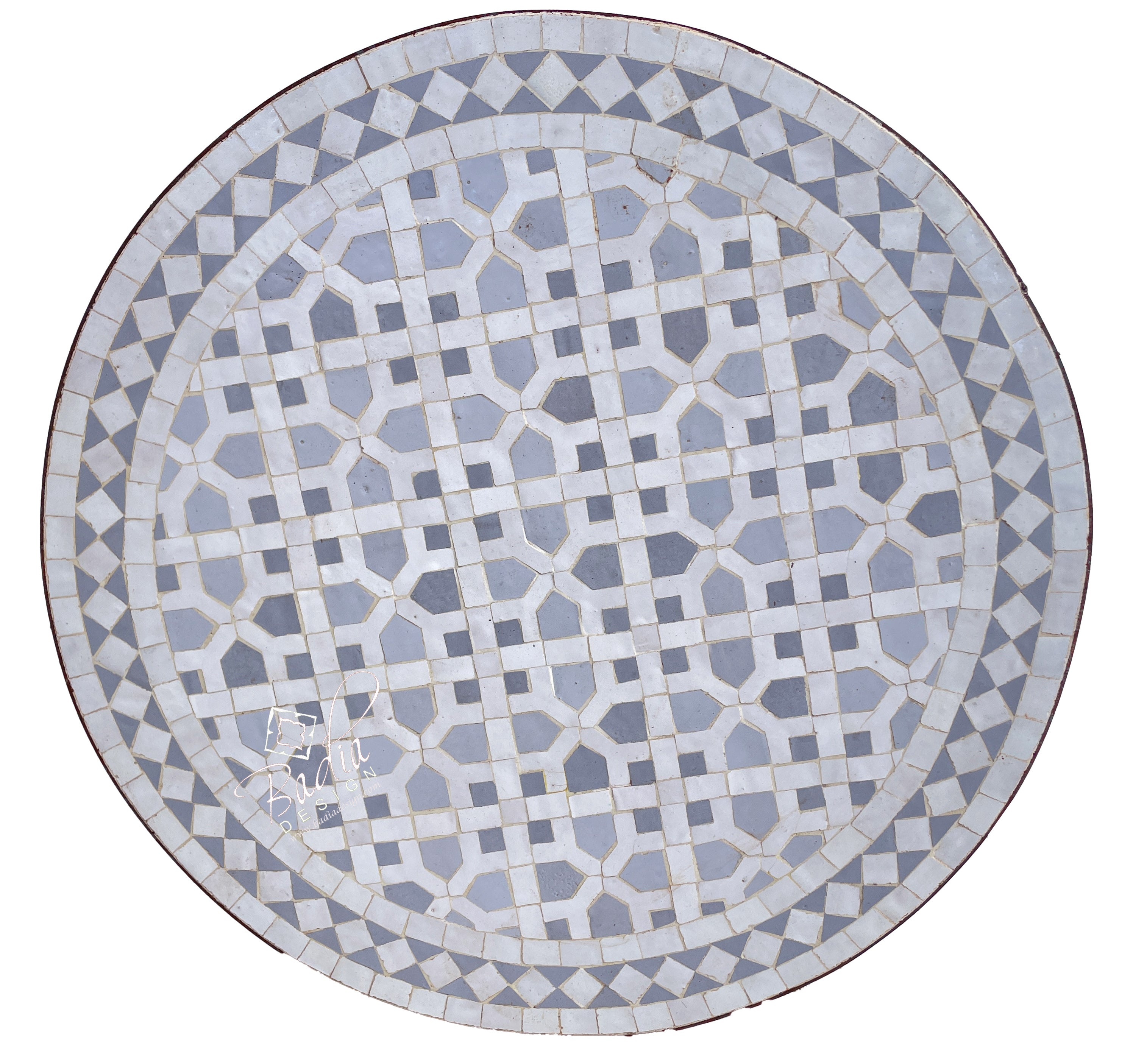 Round Gray and White Tile Table Top with Geometric Designs