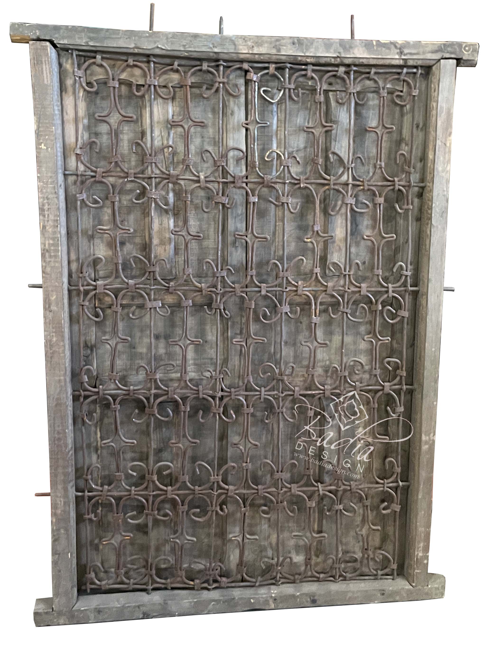 Vintage Wooden Window with Wrought Iron Panel
