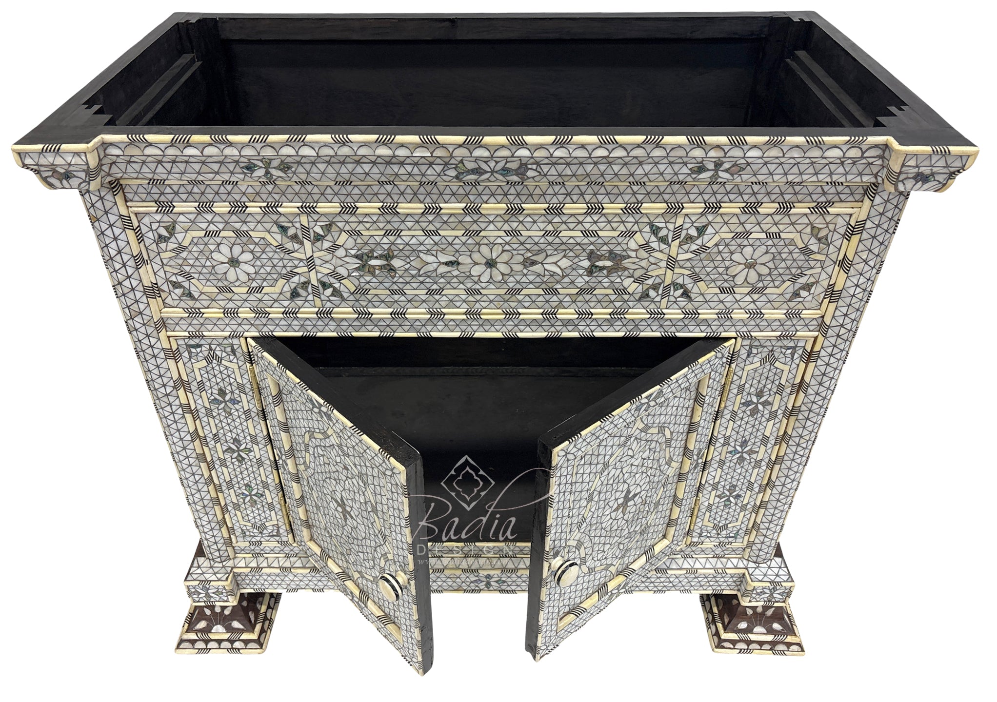 Beautiful Moroccan White Mother of Pearl Inlay Bathroom Vanity with open doors