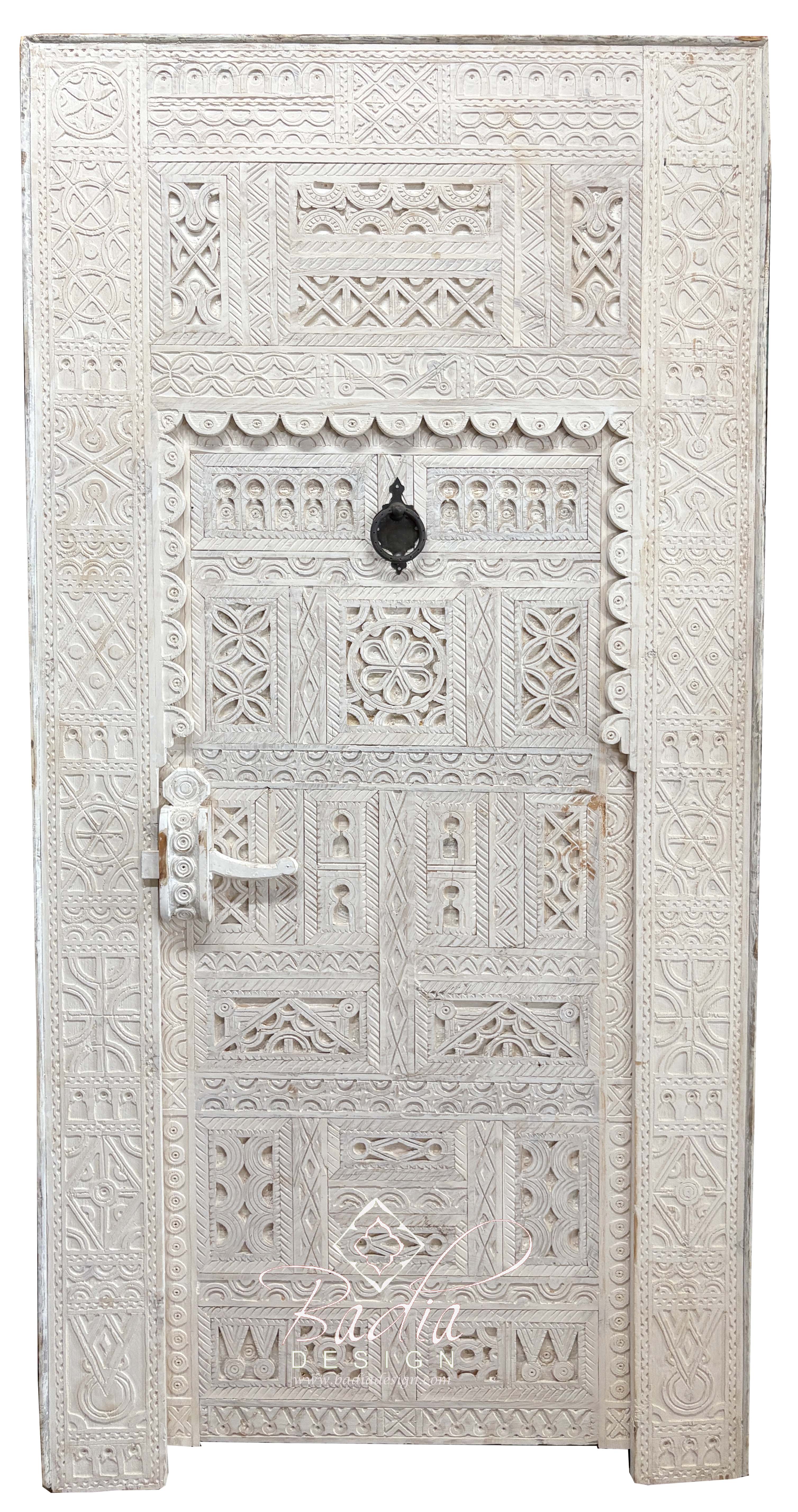 White Moroccan Wooden Door with Hand Carved Geometric Detail