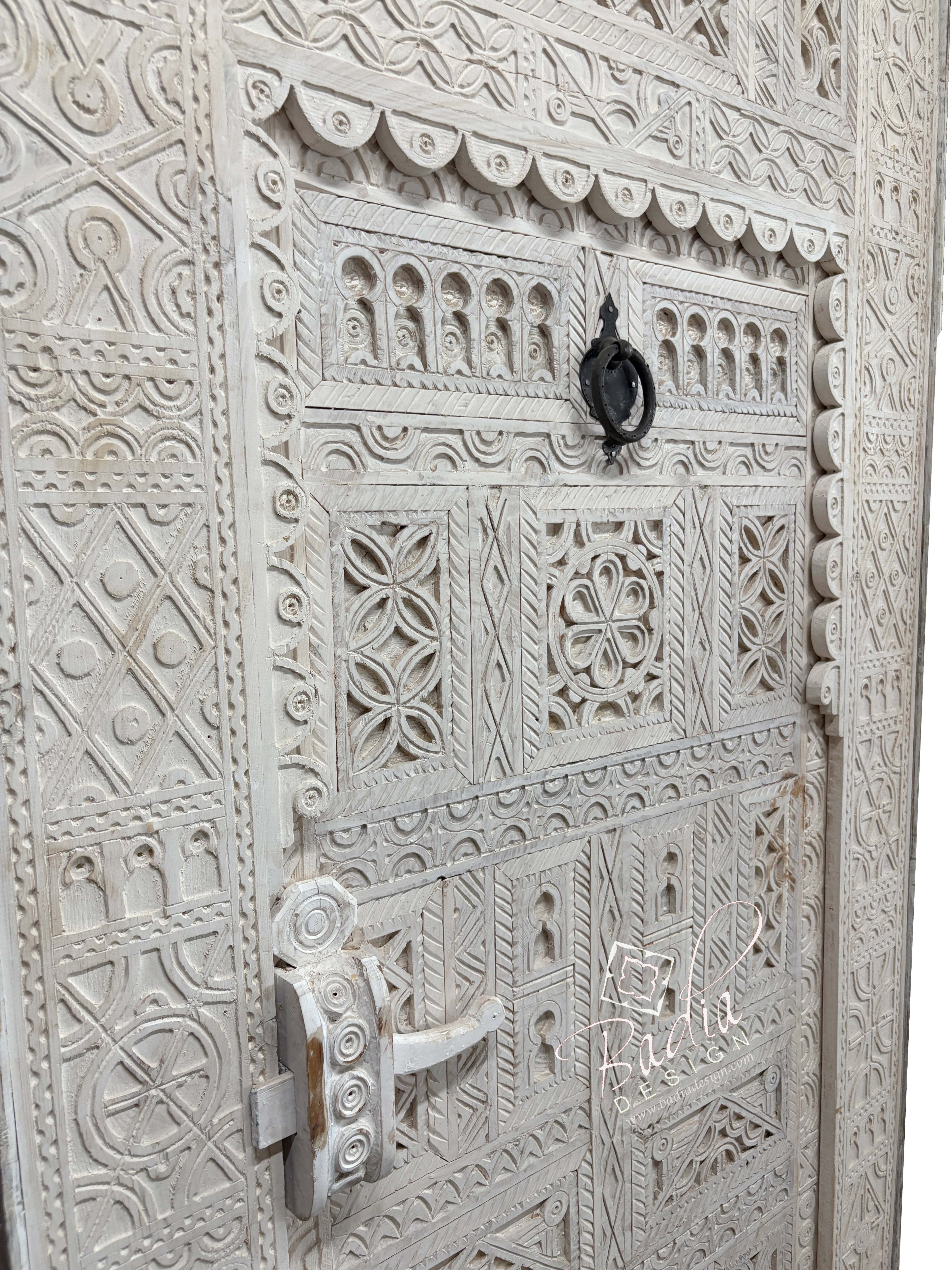 White Wooden Door with Hand Carved Geometric Detail