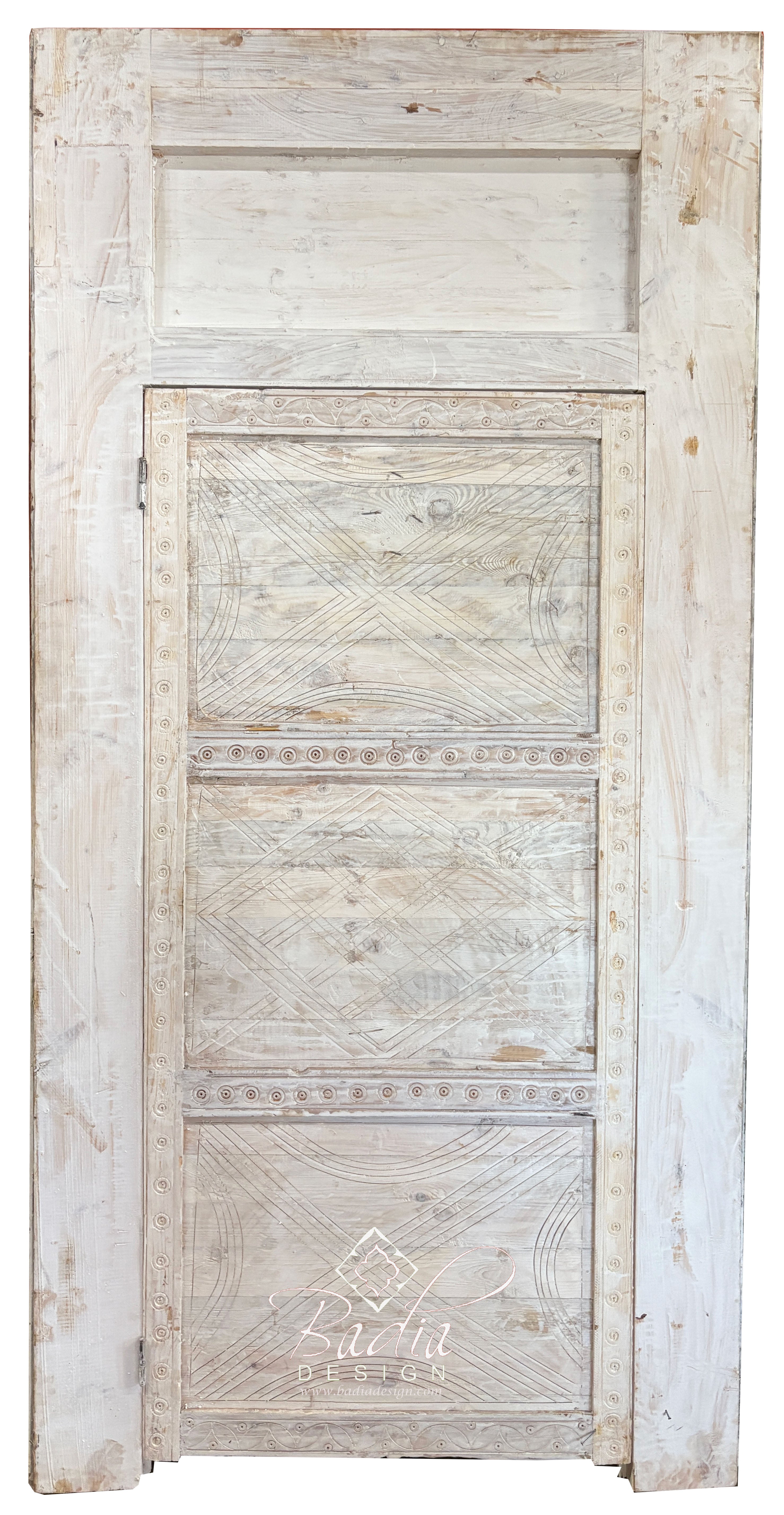 White Wooden Door with Hand Carved Geometric Detail