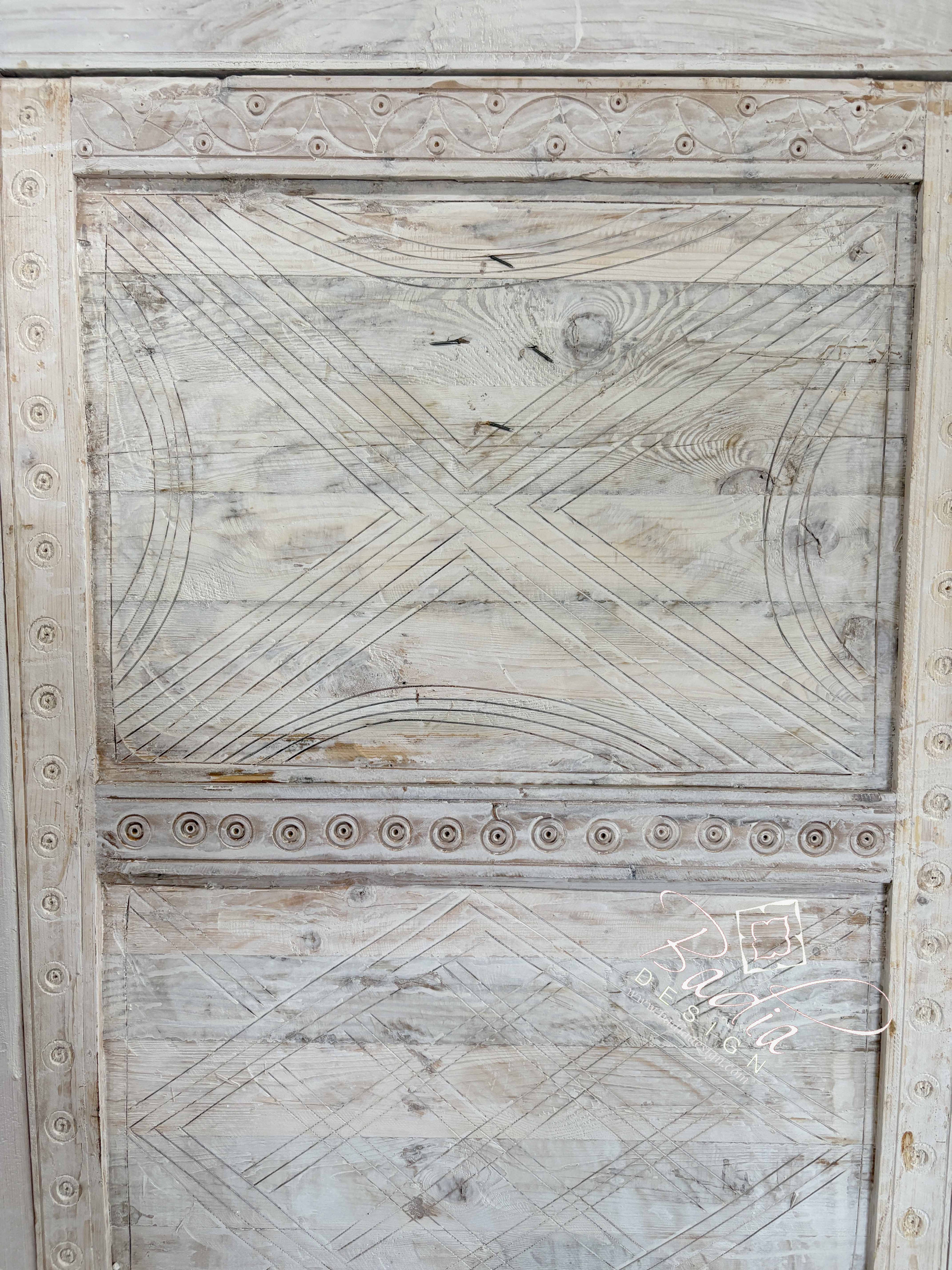 White Wooden Door with Hand Carved Geometric Detail