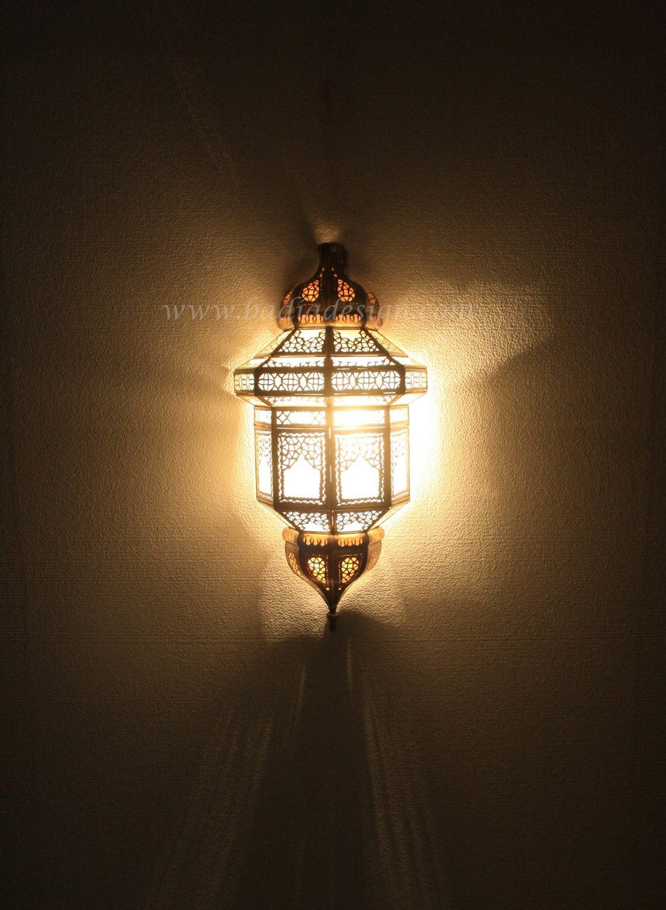 Tall Brass Wall Sconce with White Glass