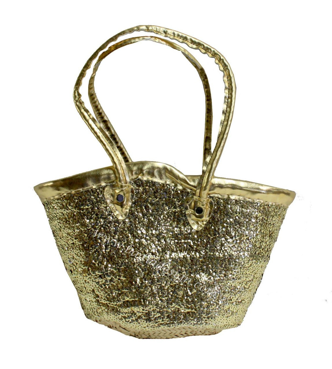 Gold glittery handbag with handles on a white background