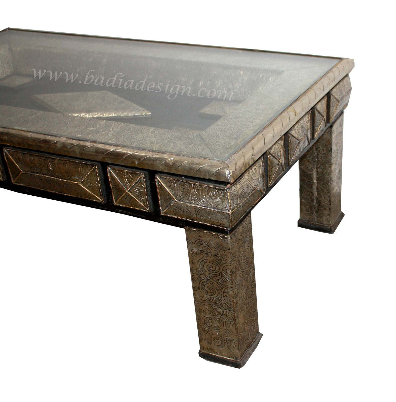 Carved Metal Coffee Table with Glass Top
