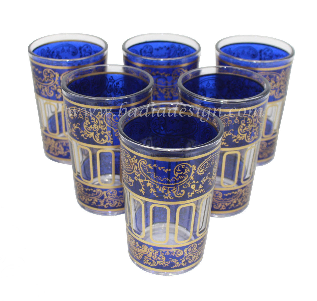 Set of six blue glass tea cups with gold patterns on a white background