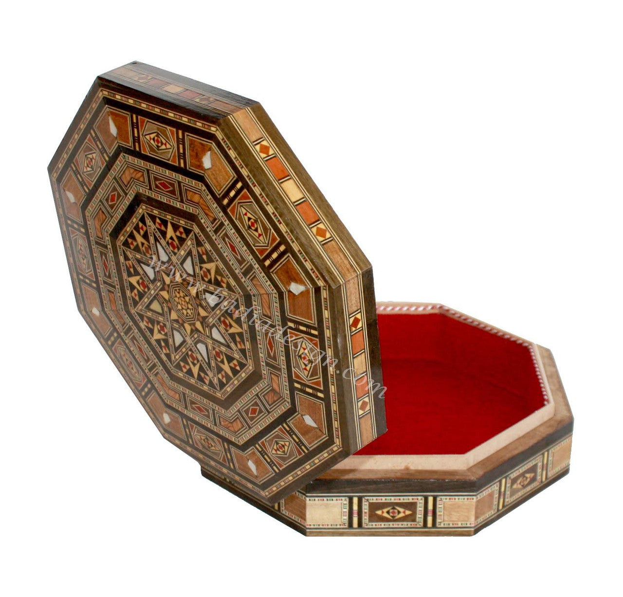 Decorative octagonal box with intricate patterns on a white background