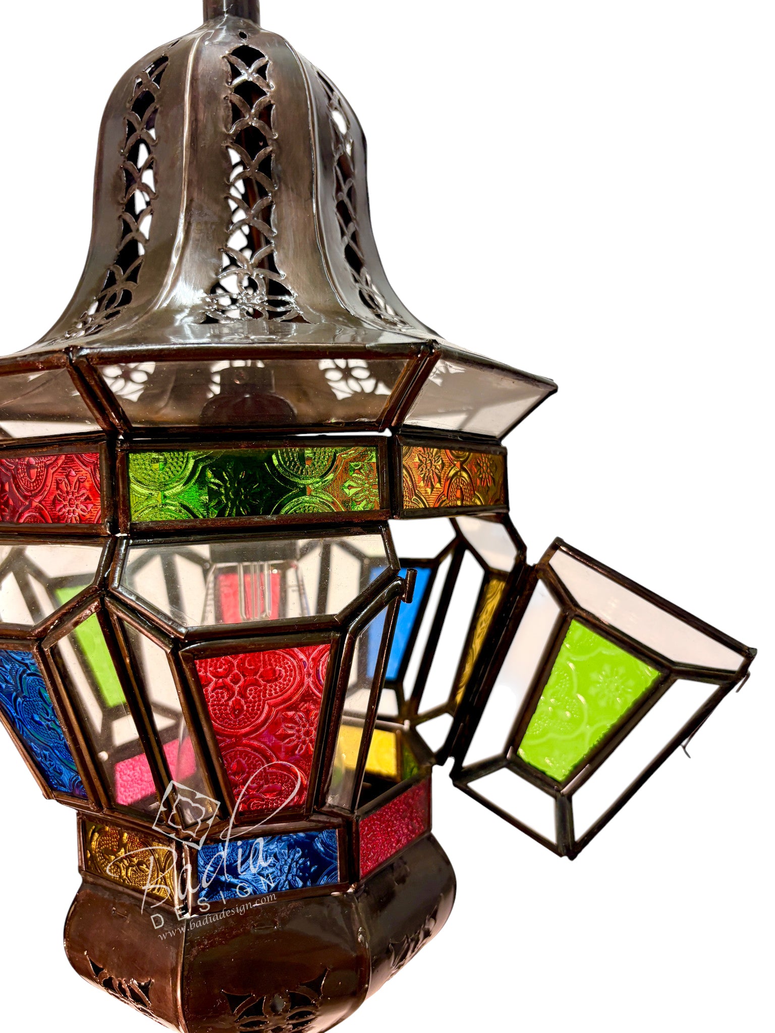 Ornate Hanging Lantern with Multi-Color Glass