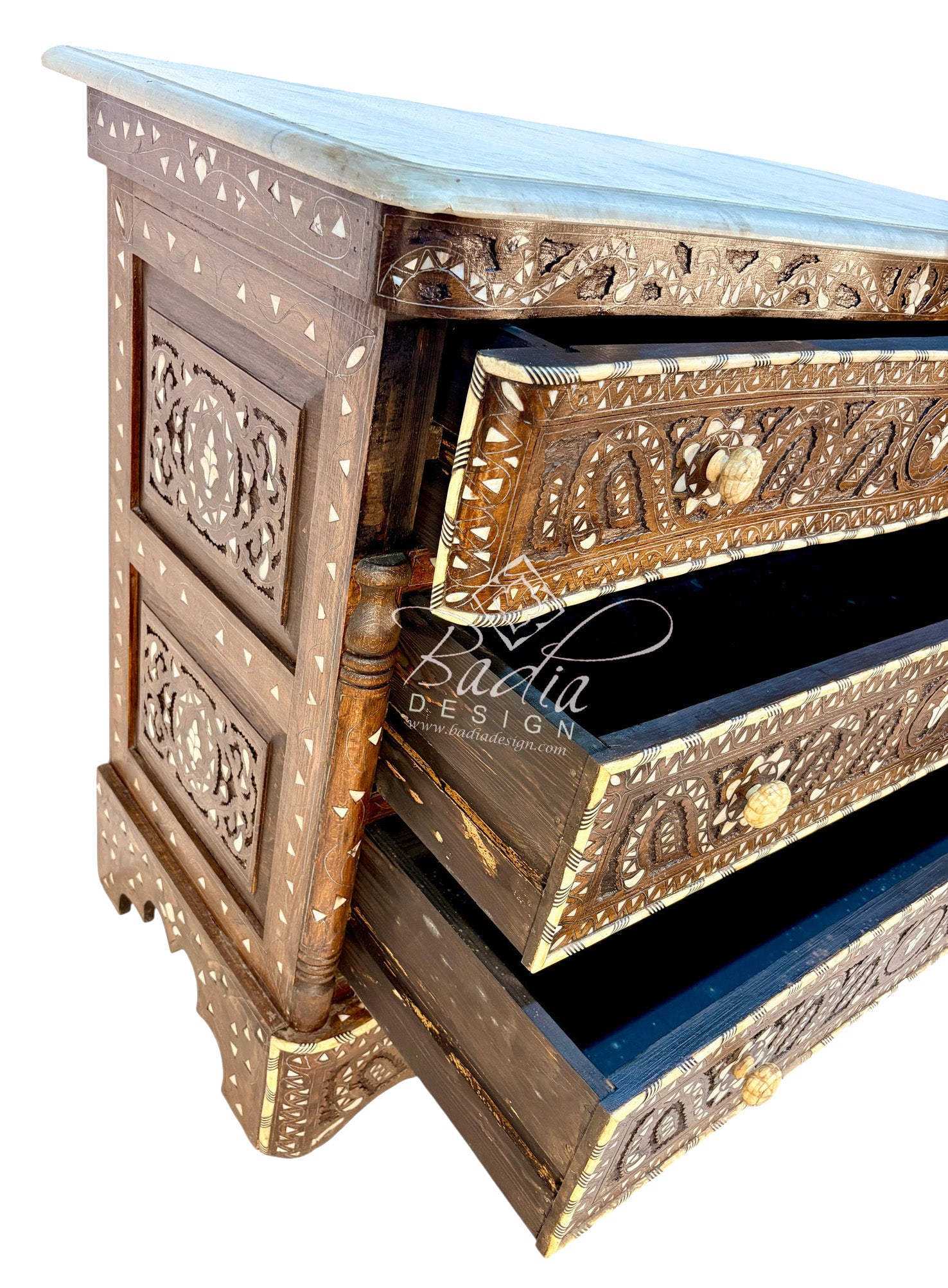 Ornate Wooden Dresser with Decorative Inlay