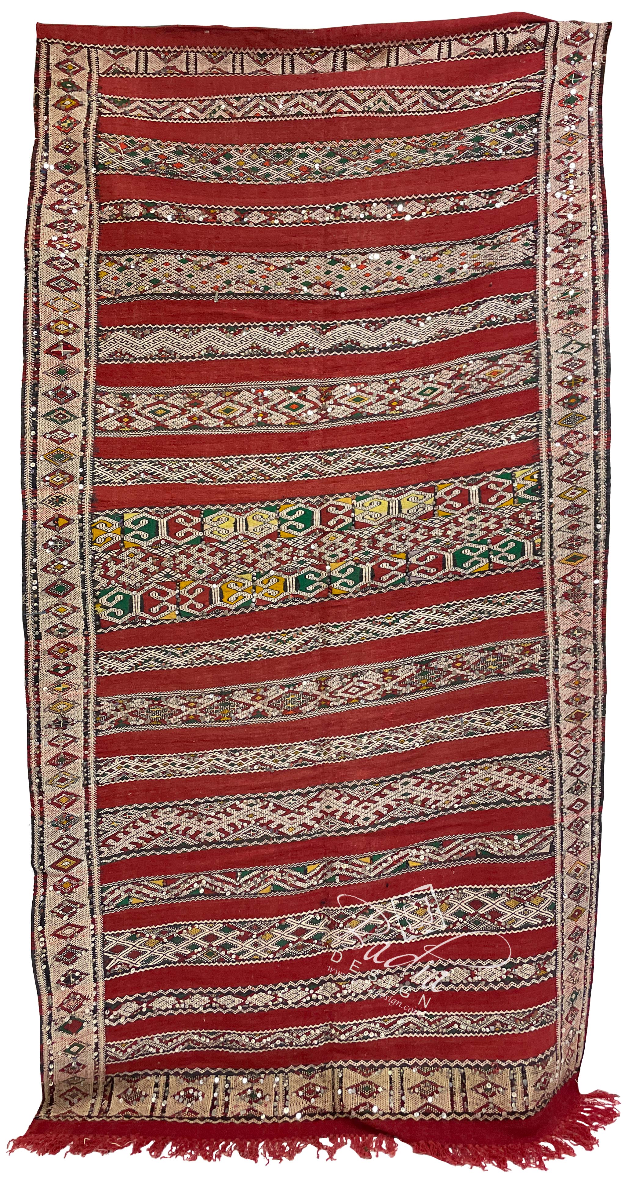 Red Multi-Color Moroccan Kilim Rug with Silver Sequins