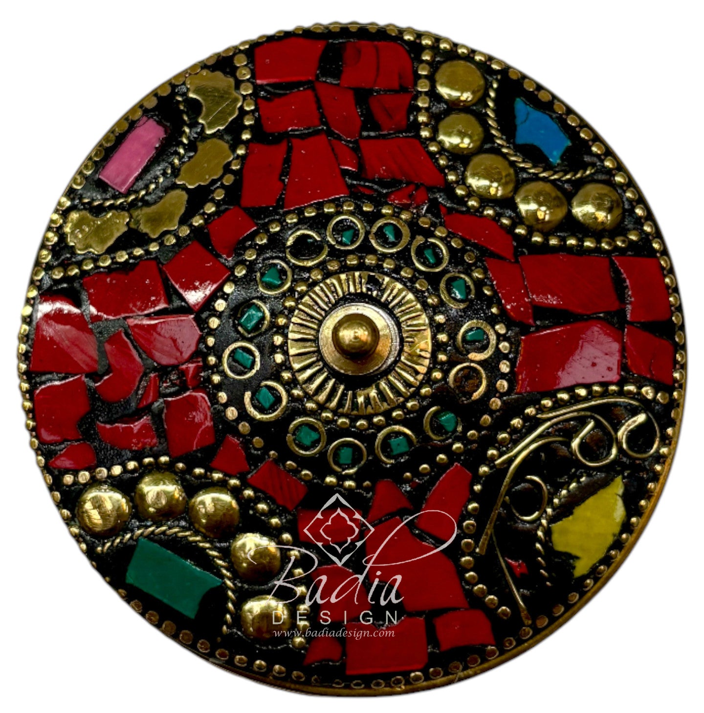 Decorative circular container top with mosaic design featuring red, gold, and green on a white background.