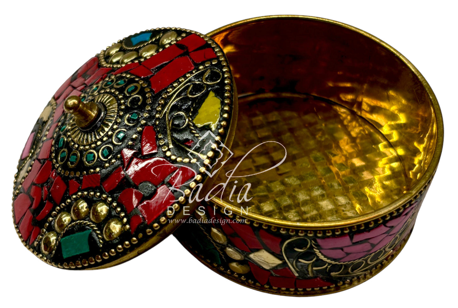 Decorative box with open lid and with intricate designs and colorful patterns on a white background