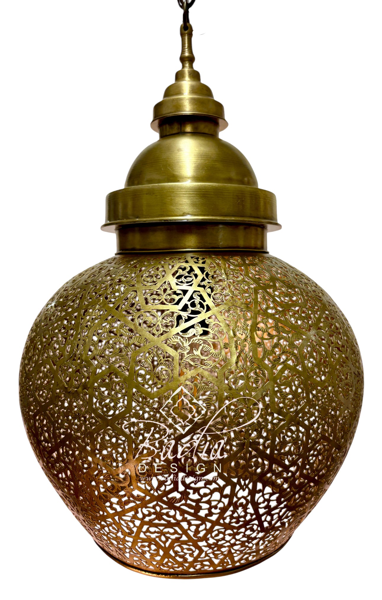 A brass hanging pendant lamp with an intricate laser-cut filigree pattern, shown against a solid white background.