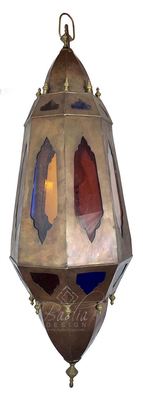 Tall Brass Chandelier with Multi Color Glass