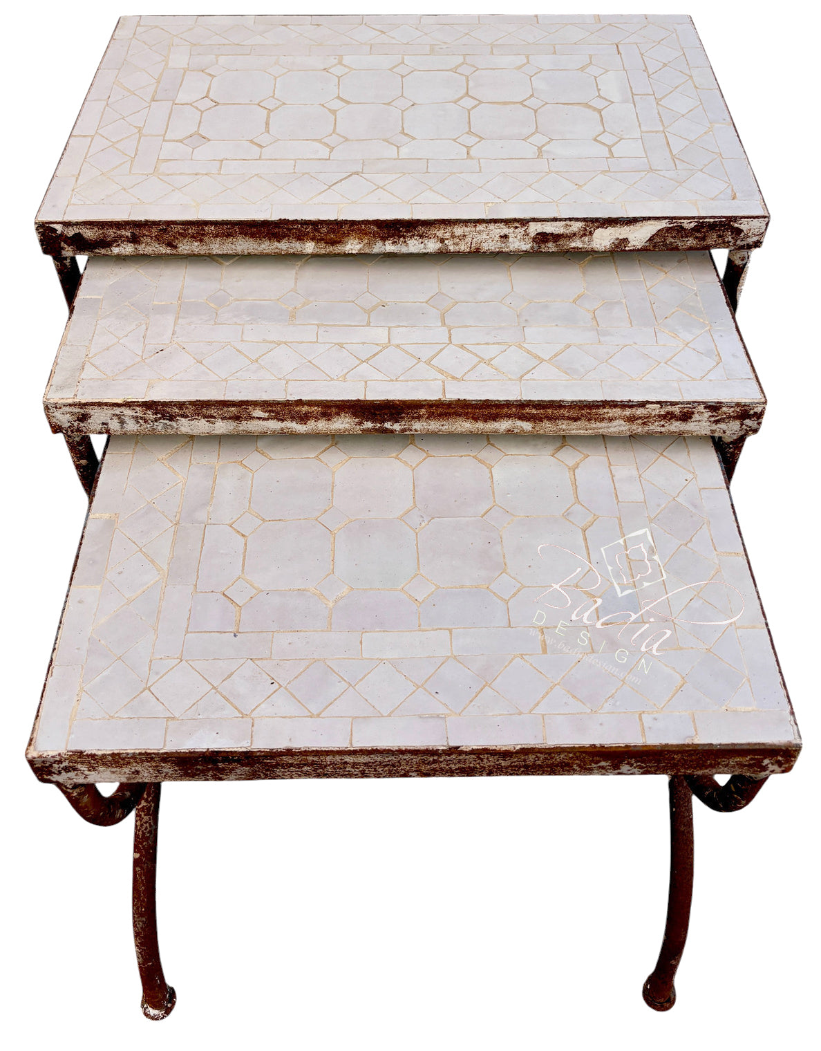 A three-tier nesting side table with distressed white mosaic tile tops and dark brown metal legs, shown against a plain white background.