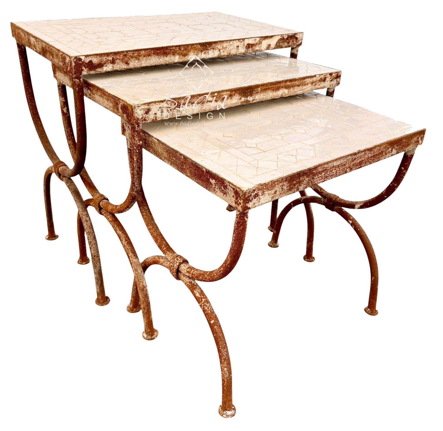 Three nested nesting tables with distressed rust-brown metal frames and cream mosaic tile tops, shown on a white background.
