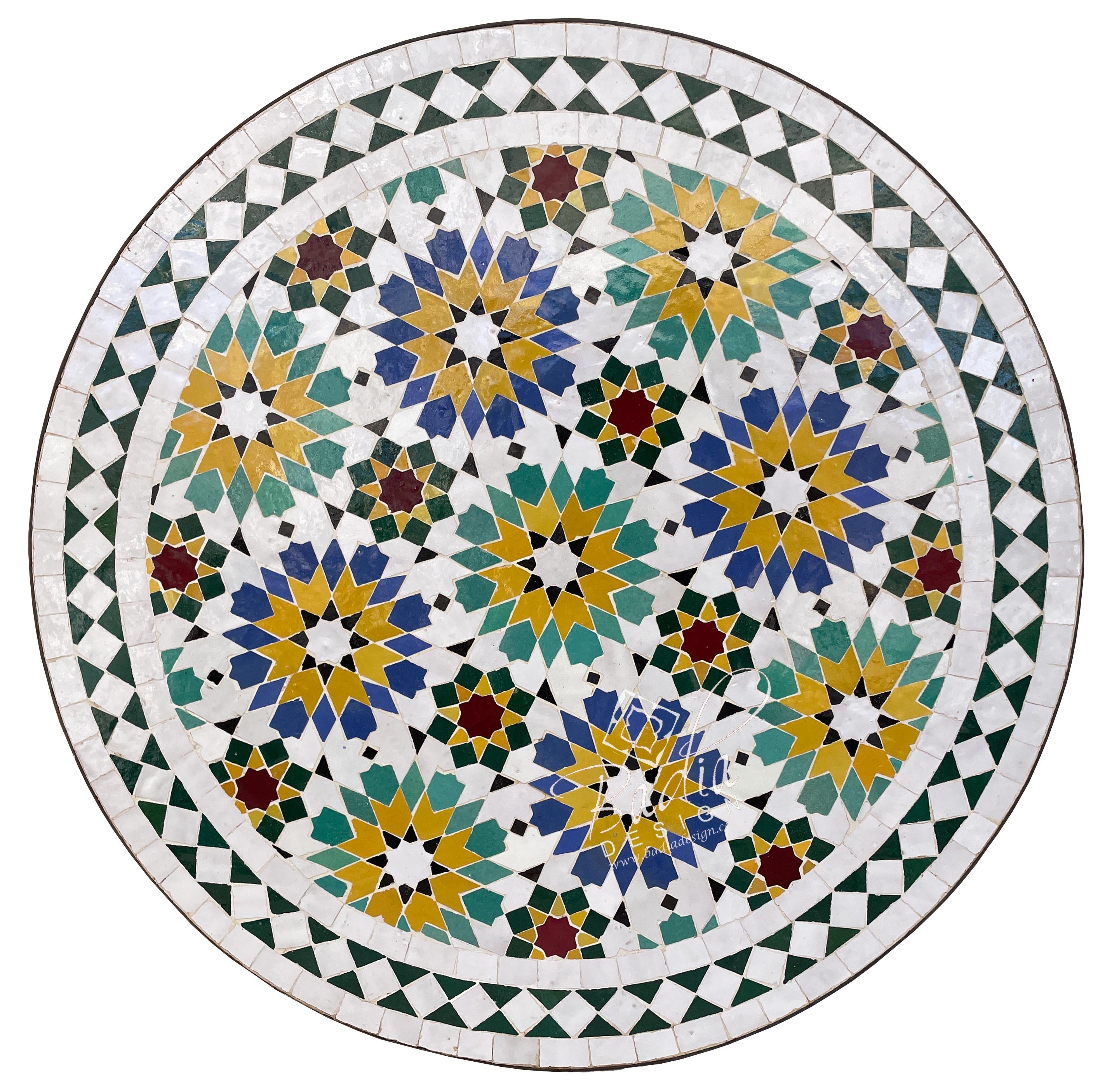 Moroccan White and Multi-Color Round Tile Table Top with Intricate Design