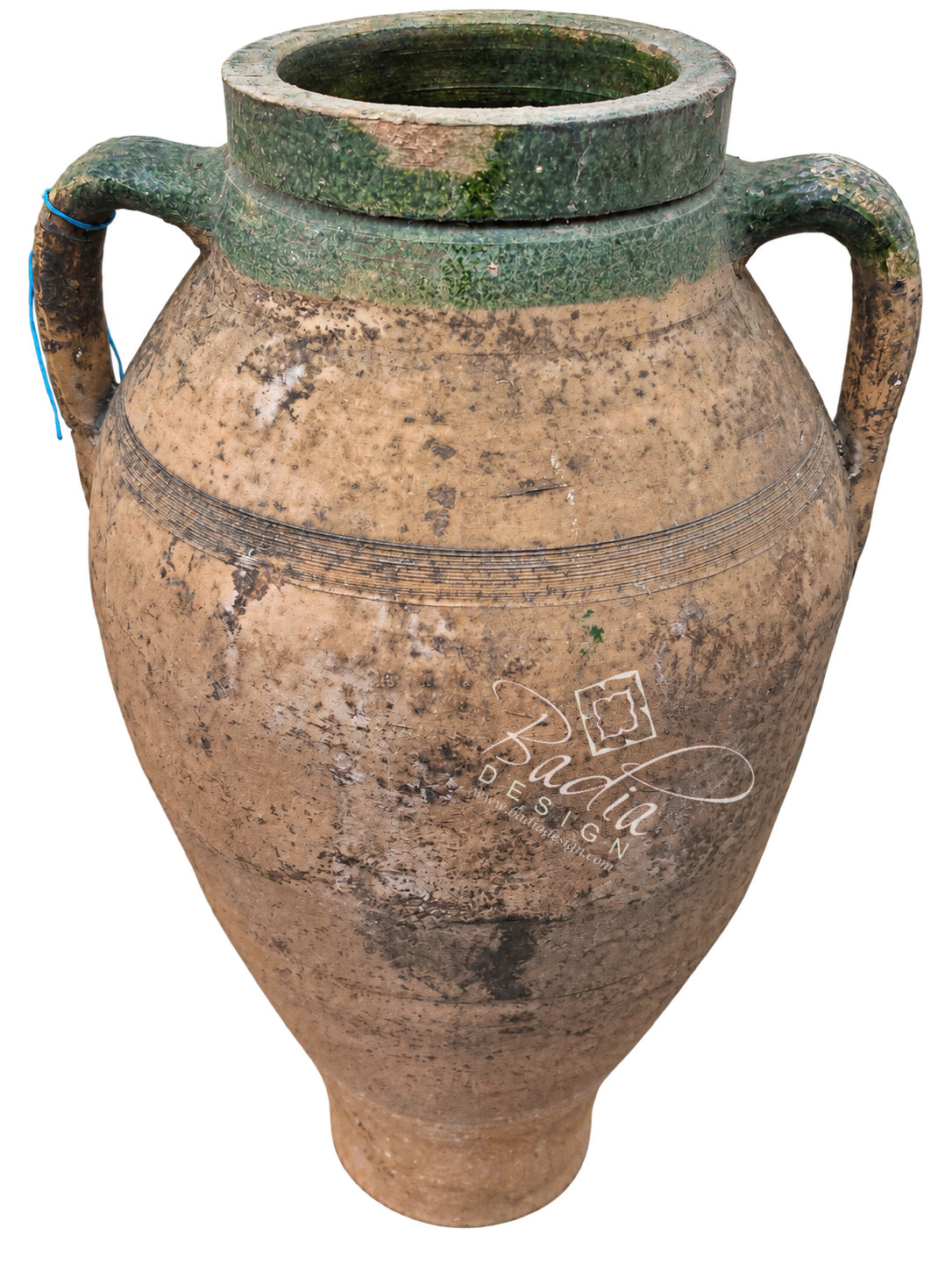 Vintage Moroccan Beige and Green Clay Planter with Handles