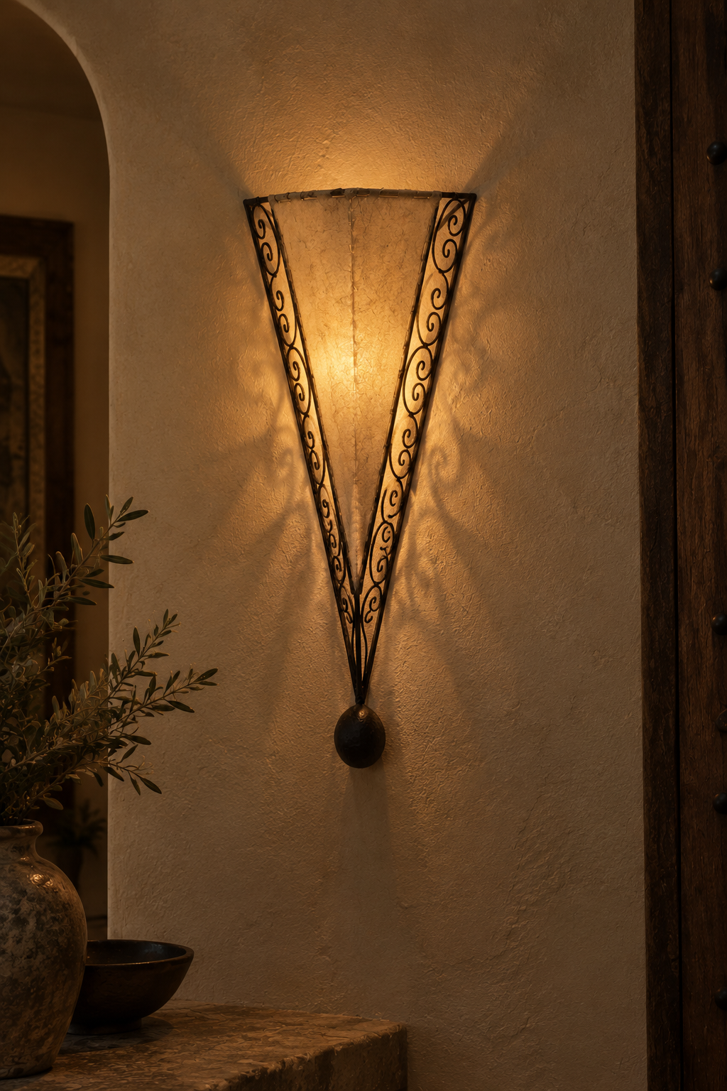 Dyed Henna Sconce with Wrought Iron Scroll Frame