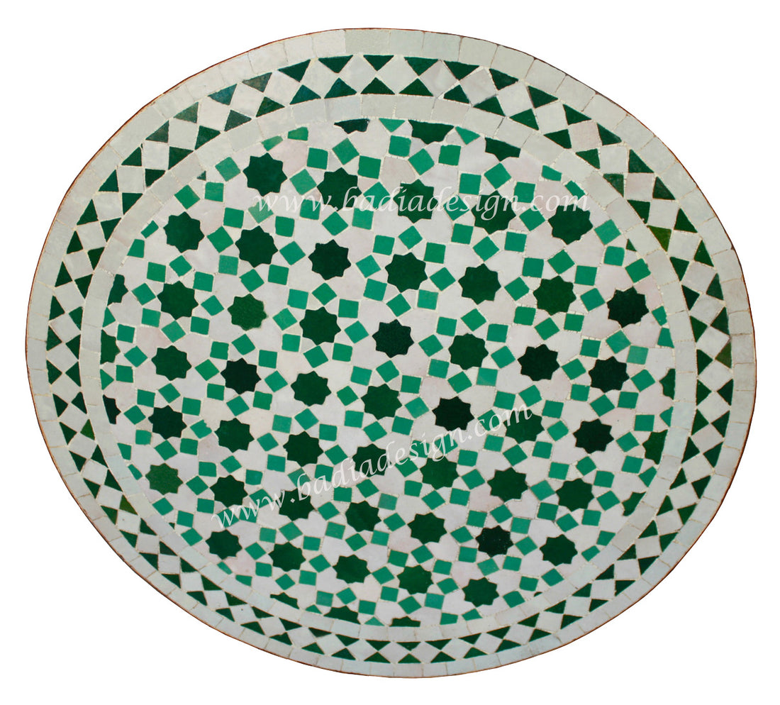 Green and White Round Moroccan Tile Table Top