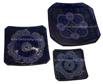 Blue Hand Painted Carved Ceramic Square Plate