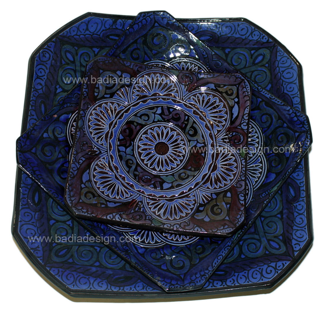 Blue Hand Painted Carved Ceramic Square Plate