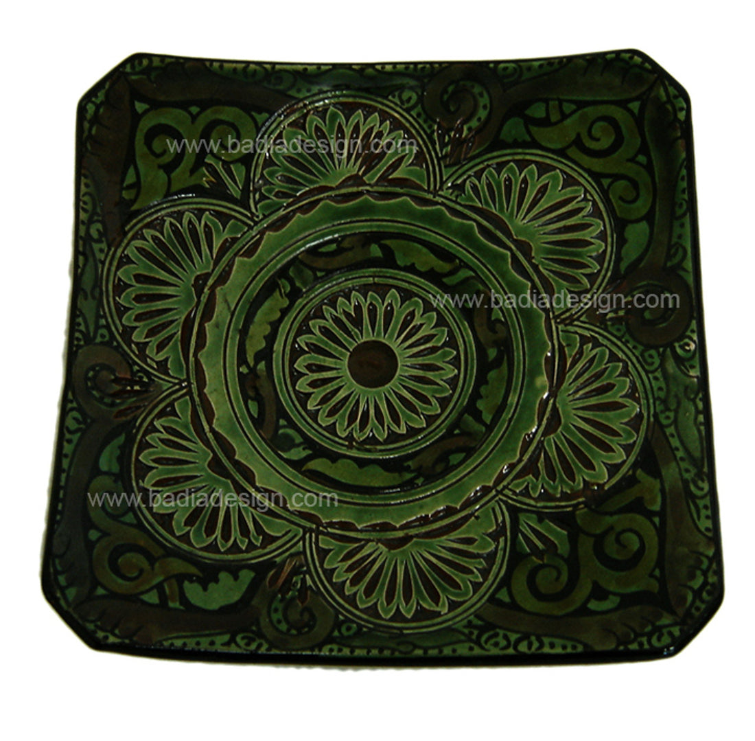 Green Hand Painted Carved Ceramic Square Plate