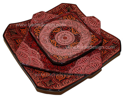Red Hand Painted Carved Ceramic Square Plate