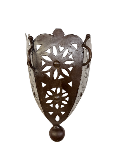 A dark brown metal wall sconce with intricate floral cutouts and side handles, shown against a plain white background.