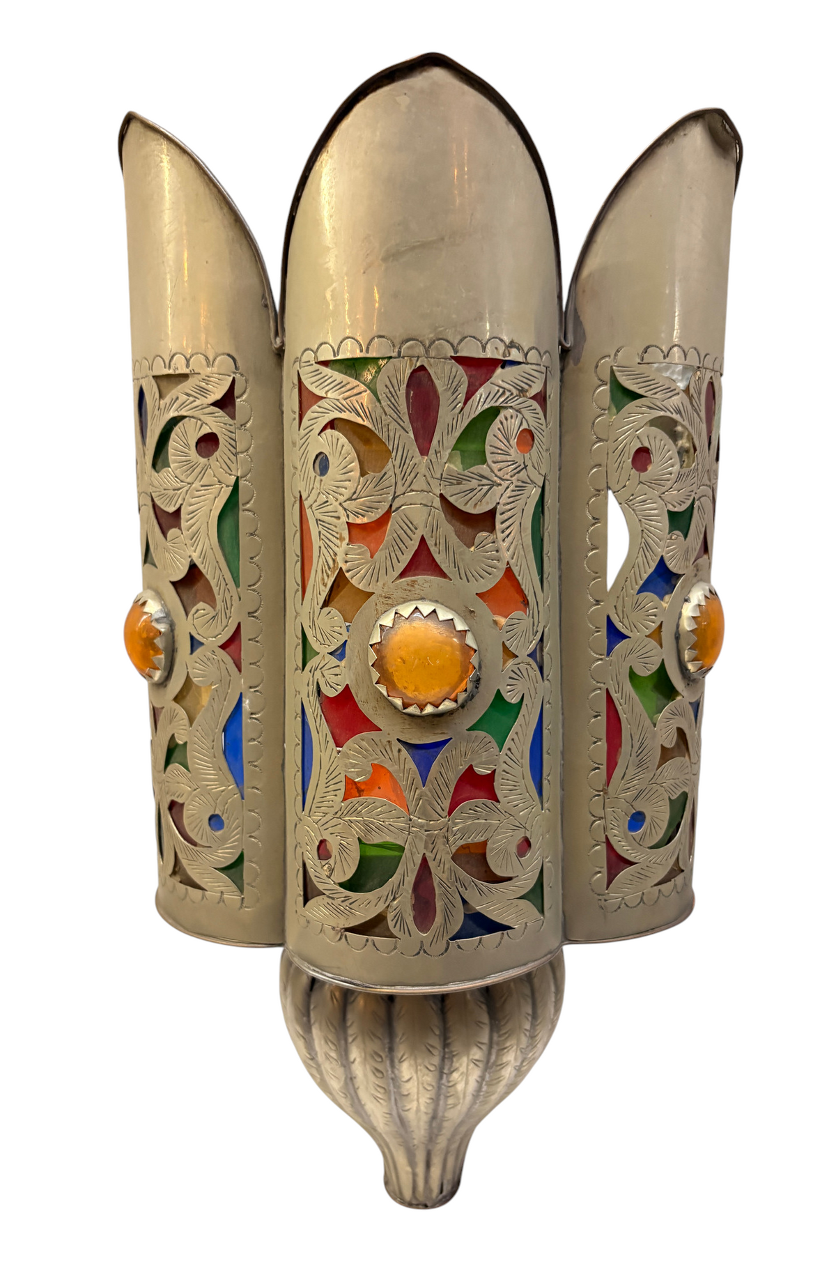 Silver-Plated Brass Crown Sconce with Stained Glass