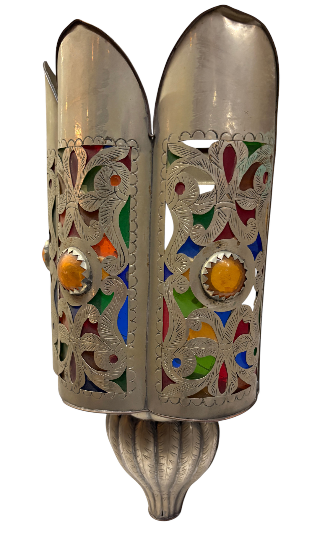 Silver-Plated Brass Crown Sconce with Stained Glass