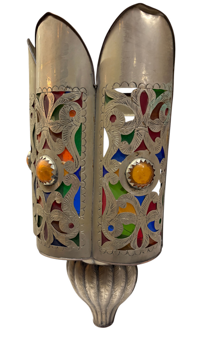 Silver-Plated Brass Crown Sconce with Stained Glass