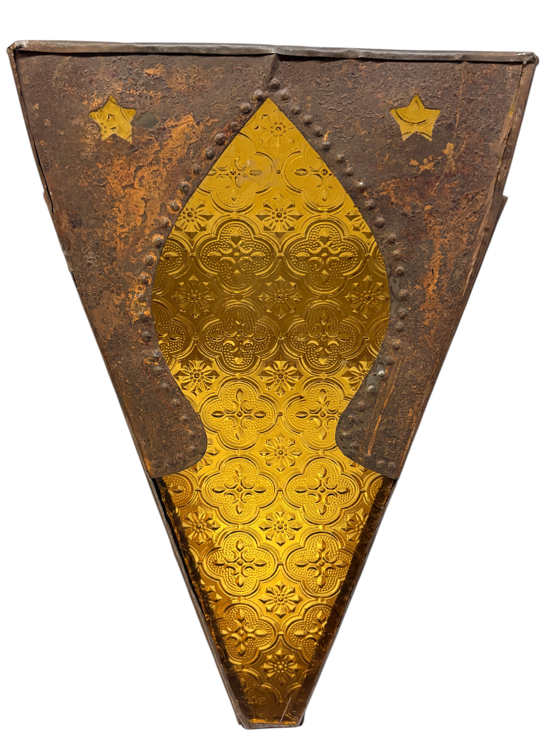 Riveted Triangular Sconce with Etched Amber Glass