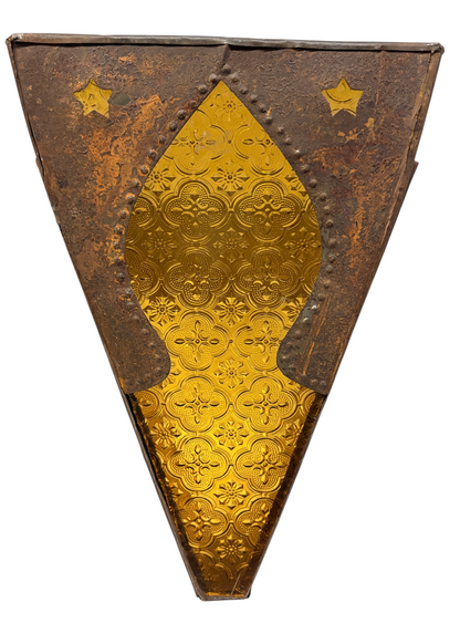 Riveted Triangular Sconce with Etched Amber Glass
