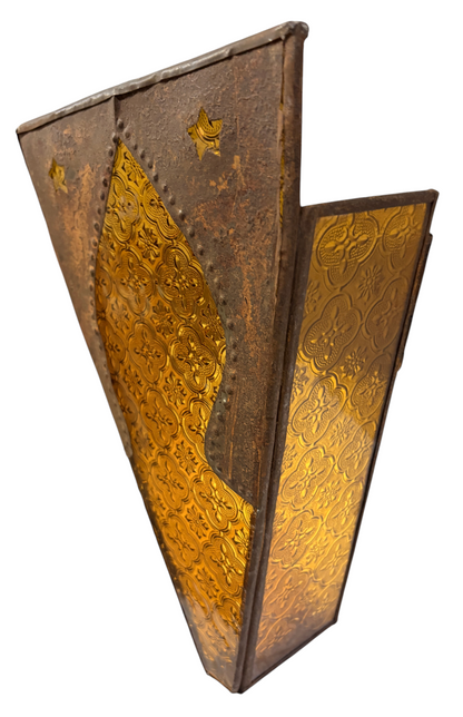 Riveted Triangular Sconce with Etched Amber Glass