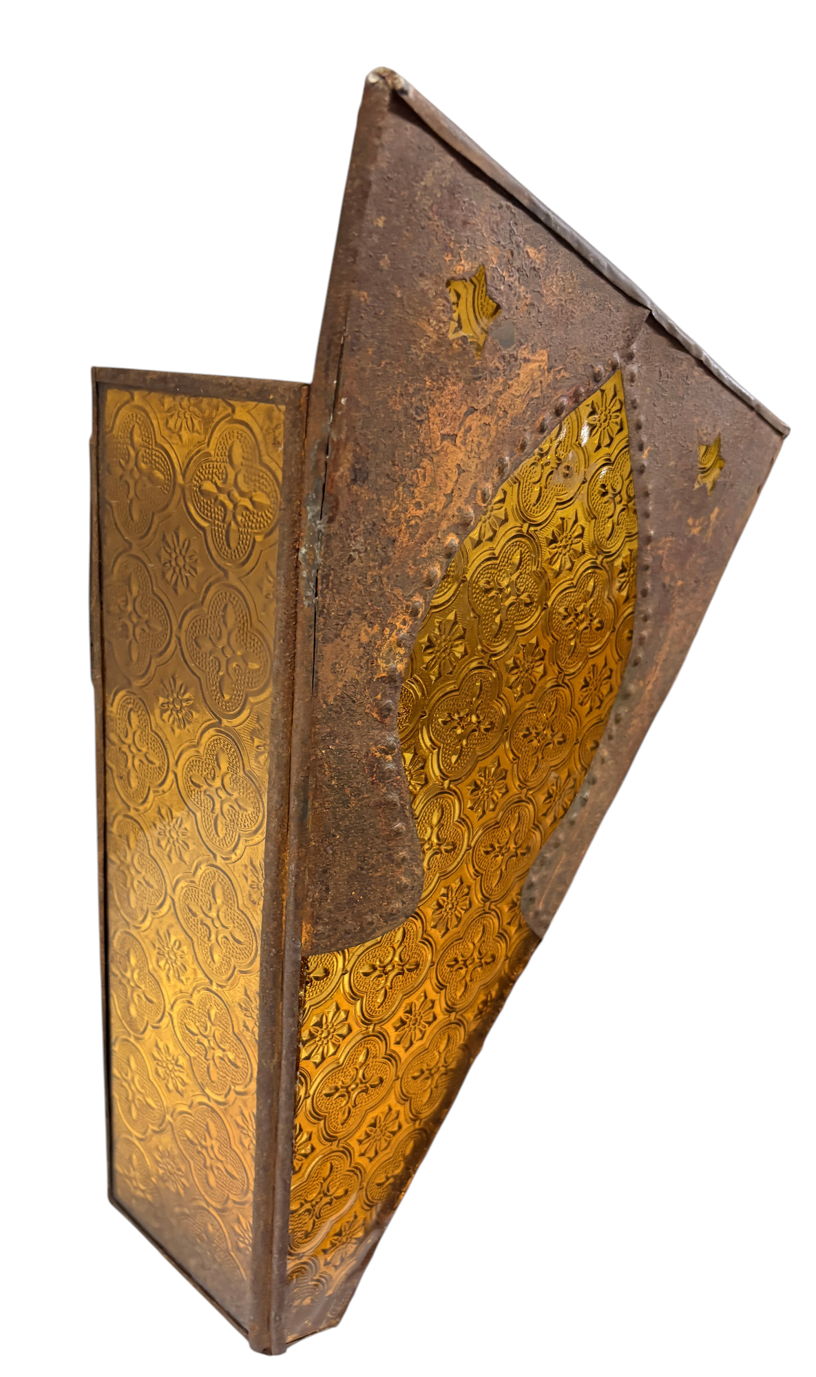 Riveted Triangular Sconce with Etched Amber Glass
