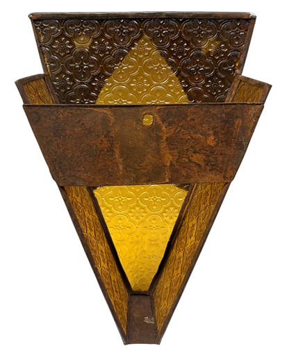 Riveted Triangular Sconce with Etched Amber Glass